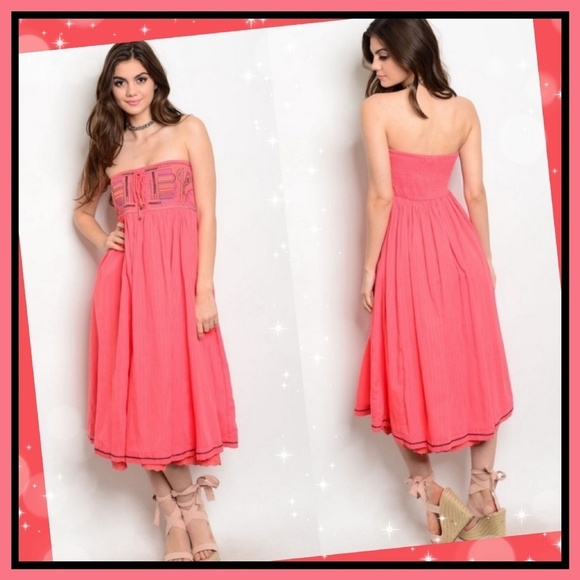 Esley ✦ Coral Strapless Midi Dress ✦ Embroidered w/ Lace-Up Bust & Boho Hem Sz S - Picture 6 of 13